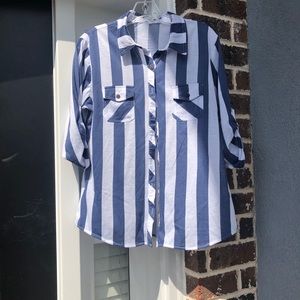 Blue & White striped breezy button collard shirt